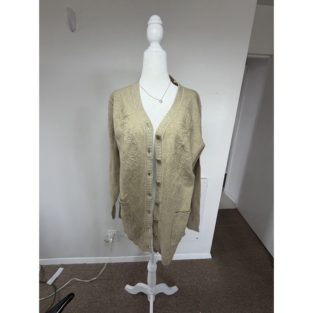 Oatmeal Heathered knit Cardigan Boho Sweater Grandma Bottoms Front Pockets L - Picture 5 of 14